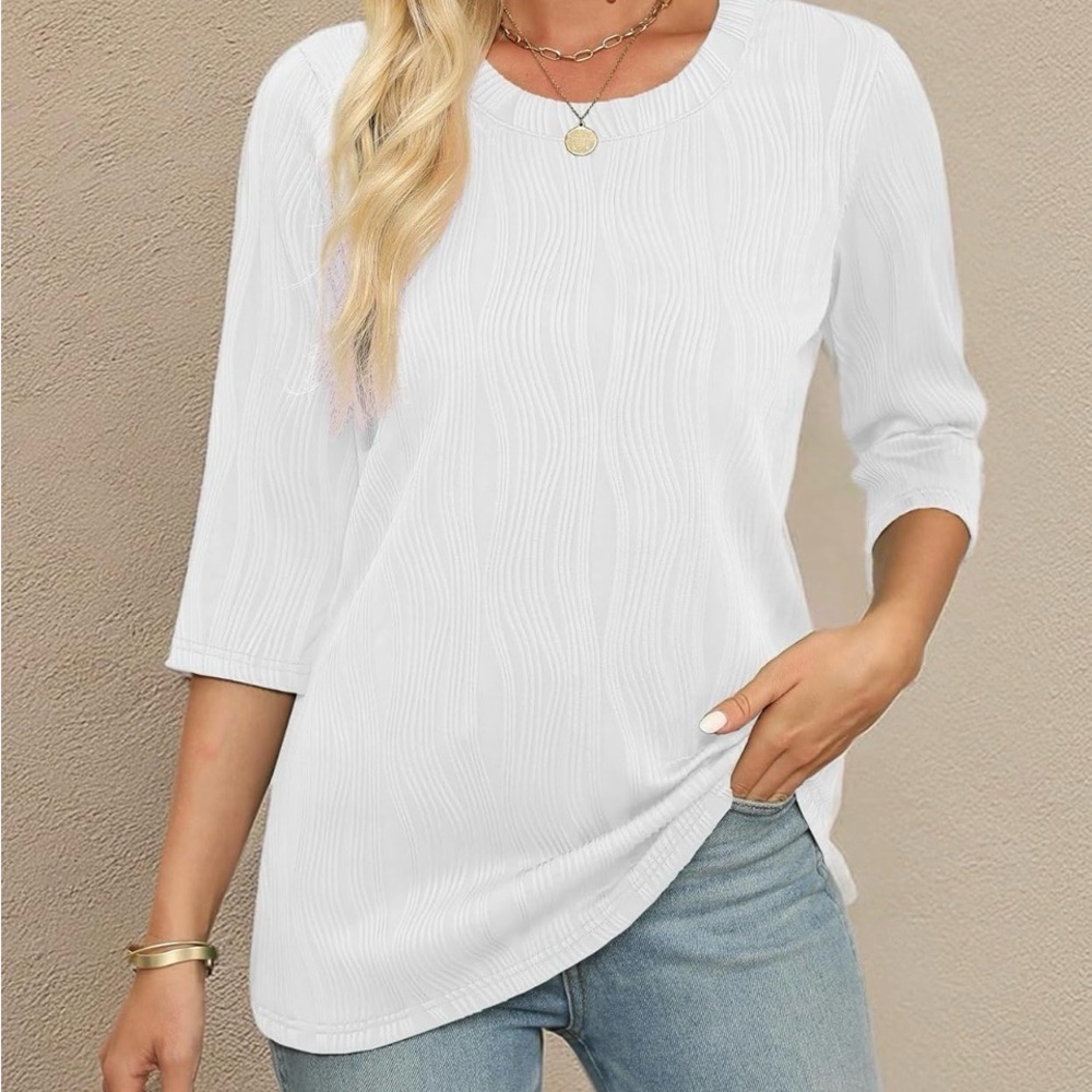 White Textured Wavy Ribbed 3/4 Sleeve Crew Neck Blouse Top Size Large‎